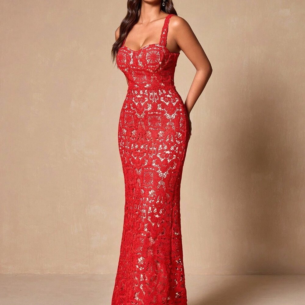 Red Elegant Women's Lace Bodycon Sleeveless Sexy Cocktail Dress - Picture 5 of 8